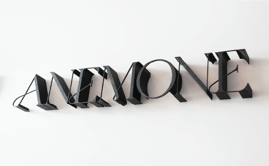 「ANEMONE」という文字の3Dアートレターの細いサイン