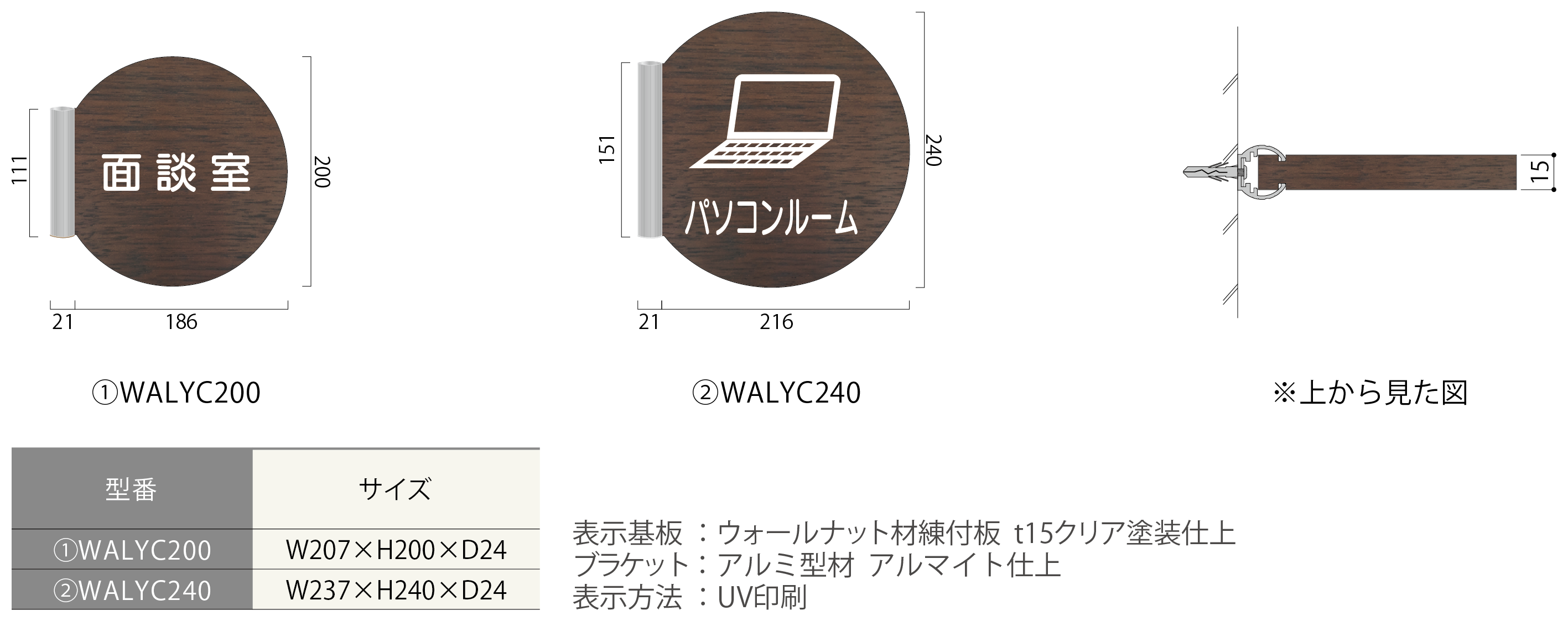 ハッケンルームサイン ウォールナットプレートサークル側面型